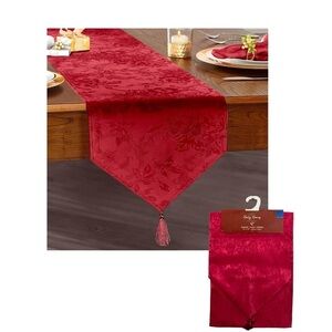 Christmas Silky Damask Table Runner Holly Homes Holiday Tassels Red 13 x 72 in